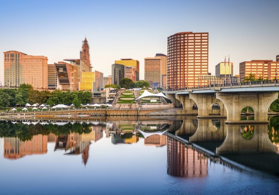 Hartford, Connecticut, USA downtown city skyline on the river.